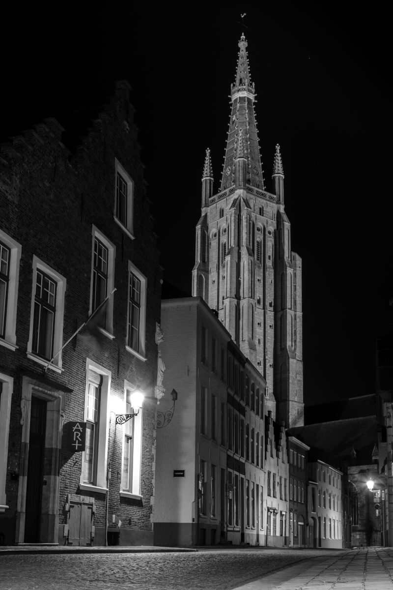 A black and white night-time long-exposure in Bruges, Belgium